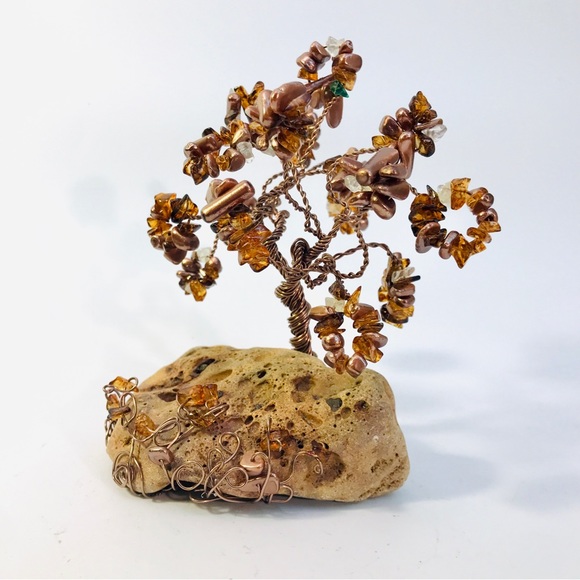 Wire Sculpture Bonsai Tree Amber Stone Chip Iridescent Bronze Beads 5.5" Artisan - Picture 2 of 12